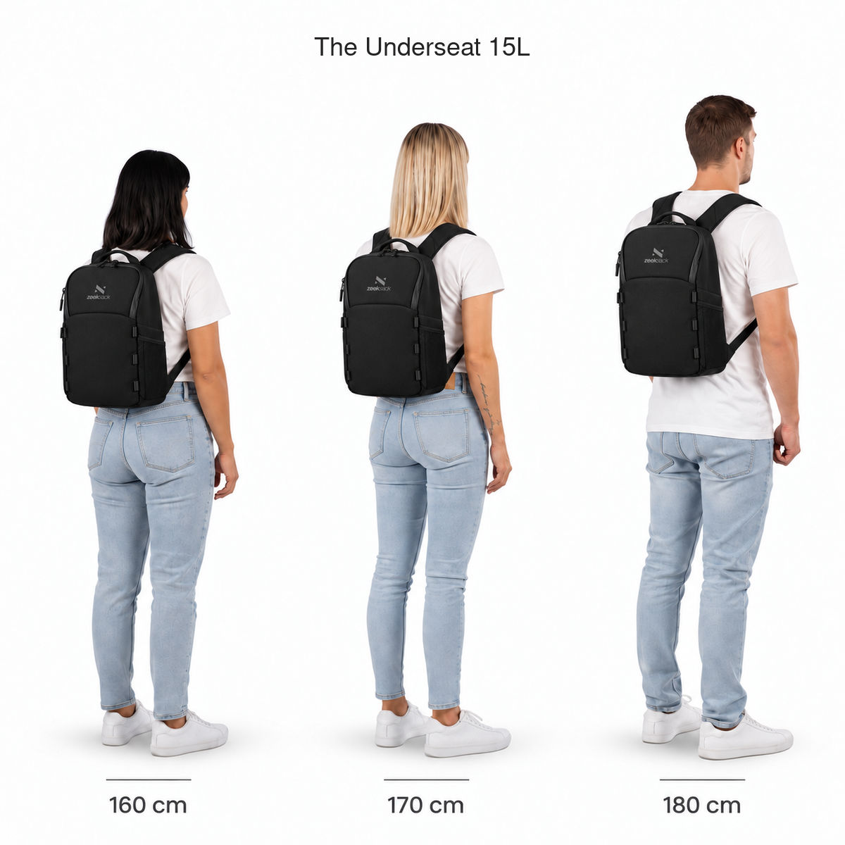 The Underseat 15L – størrelsessammenligning på personer som er 160, 170 og 180 cm høye.