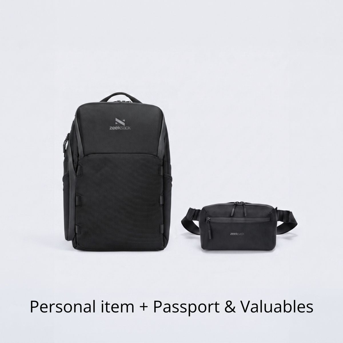 Zeeksack The Underseat 15L + Crossbody Organizer (svart) – produktene vist sammen som et sett.