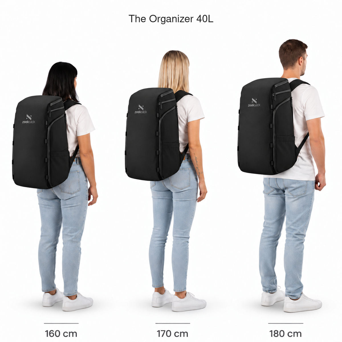 The Organizer 40L – størrelsessammenligning på personer som er 160, 170 og 180 cm høye.