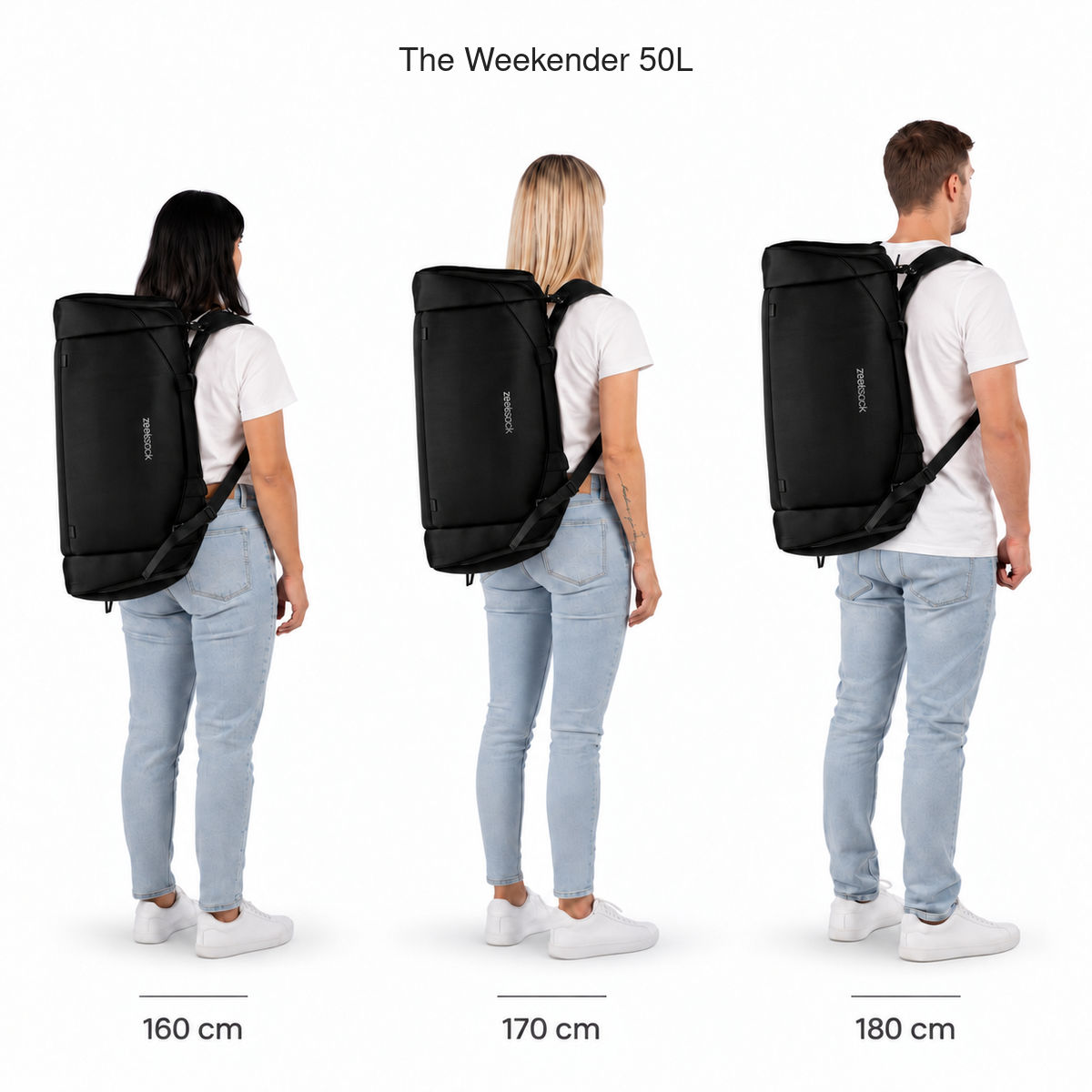 The Weekender 50L – størrelsessammenligning på personer som er 160, 170 og 180 cm høye.