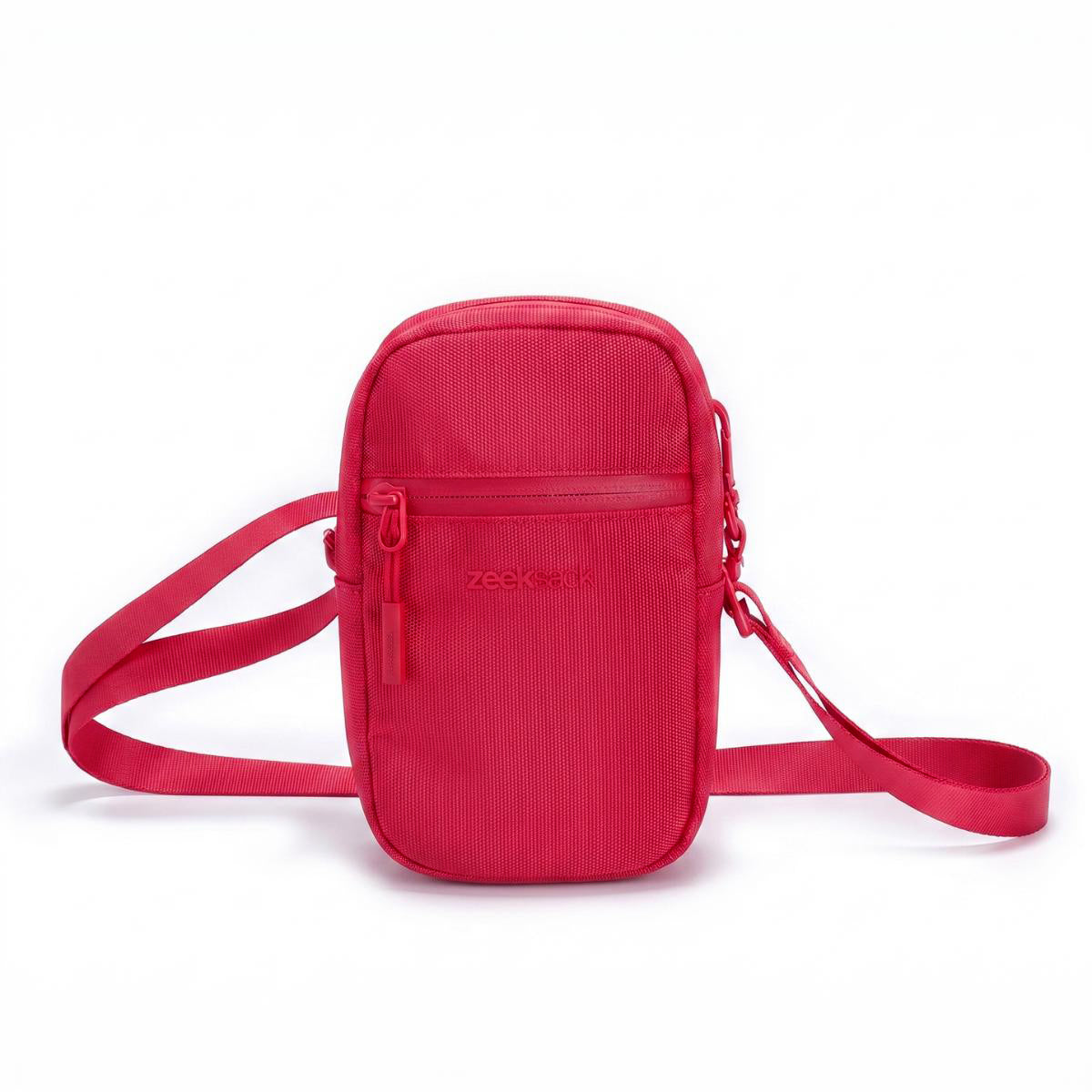 Zeeksack Travel Pouch (rød) – skulderrem og frontlomme med glidelås.