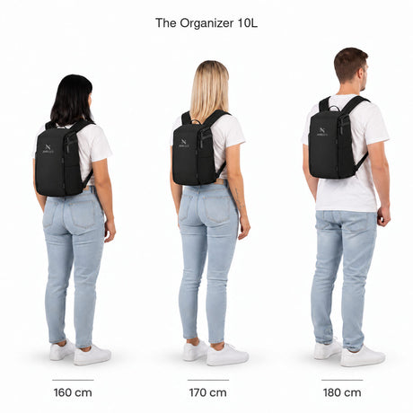 The Organizer 10L – størrelsessammenligning på personer som er 160, 170 og 180 cm høye.