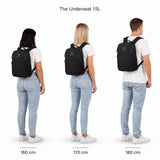 The Underseat 15L – størrelsessammenligning på personer som er 160, 170 og 180 cm høye.