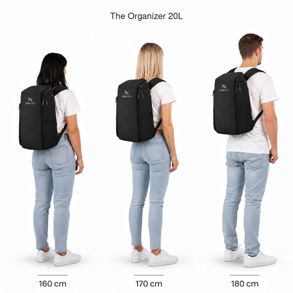 The Organizer 20L – størrelsessammenligning på personer som er 160, 170 og 180 cm høye.