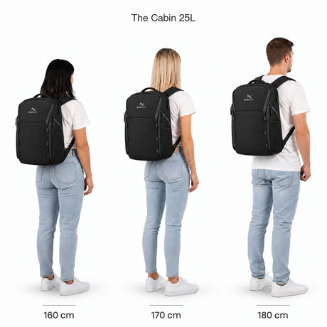 The Cabin 25L – størrelsessammenligning på personer som er 160, 170 og 180 cm høye.