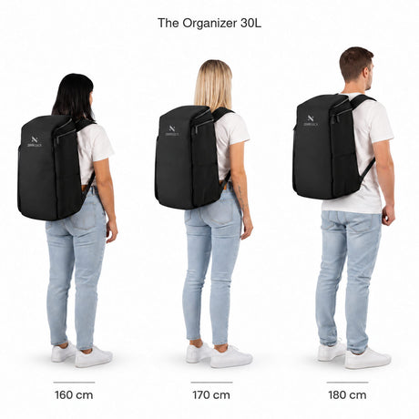 The Organizer 30L – størrelsessammenligning på personer som er 160, 170 og 180 cm høye.