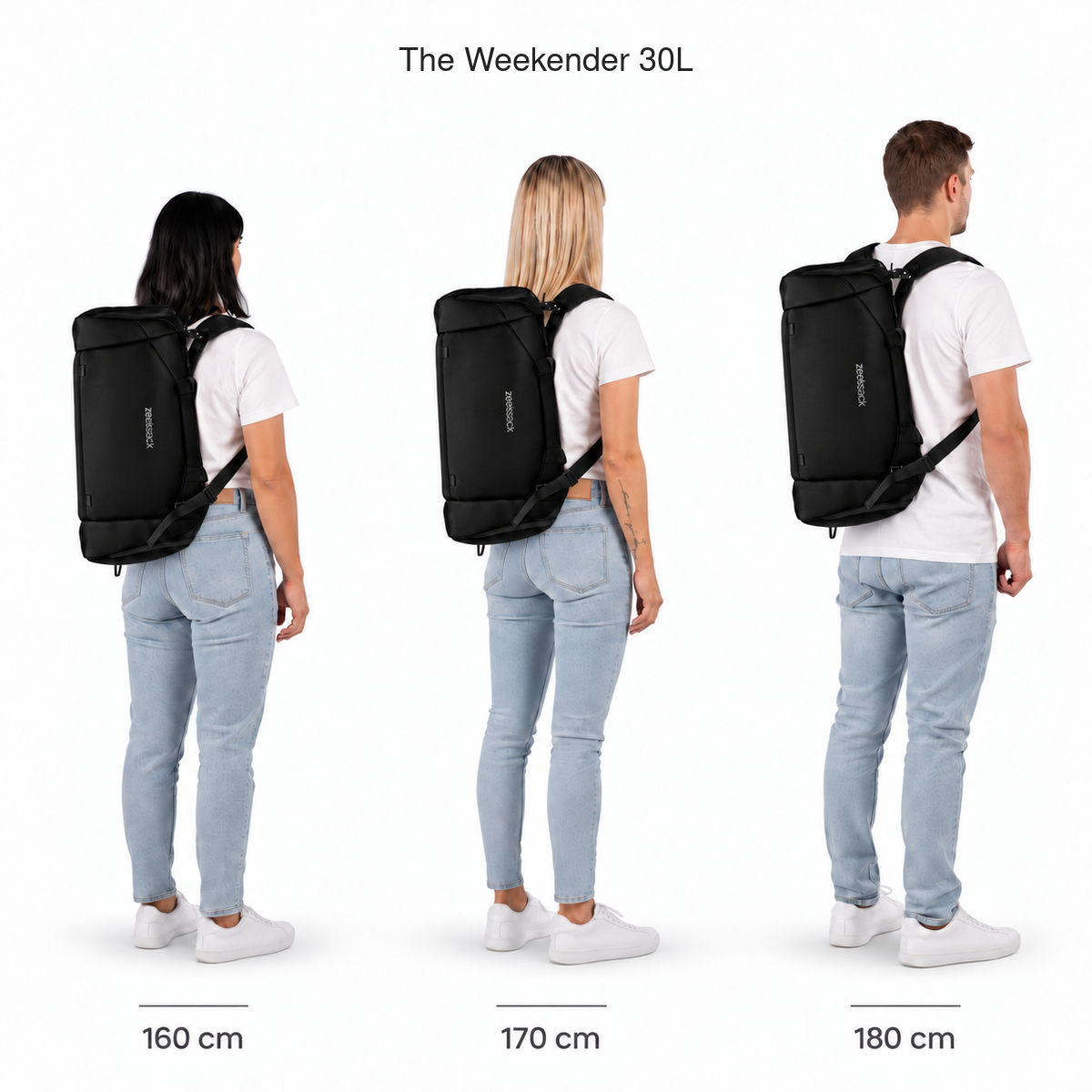 The Weekender 30L – størrelsessammenligning på personer som er 160, 170 og 180 cm høye.