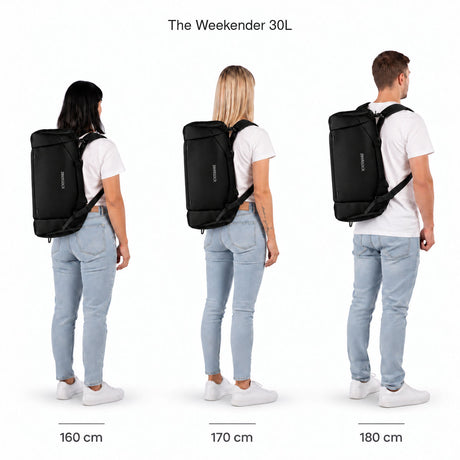 The Weekender 30L – størrelsessammenligning på personer som er 160, 170 og 180 cm høye.