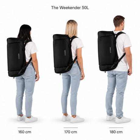 The Weekender 50L – størrelsessammenligning på personer som er 160, 170 og 180 cm høye.