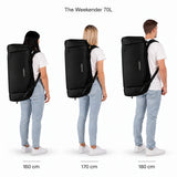 The Weekender 70L – størrelsessammenligning på personer som er 160, 170 og 180 cm høye.