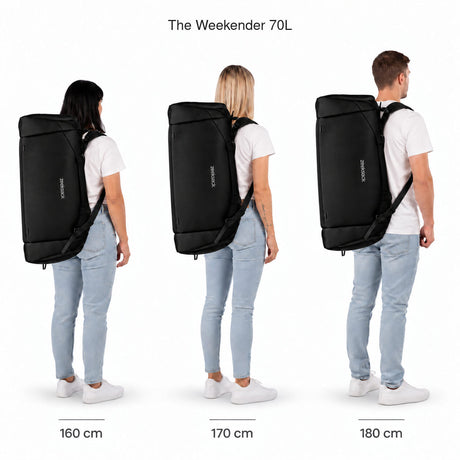 The Weekender 70L – størrelsessammenligning på personer som er 160, 170 og 180 cm høye.