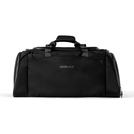 The Duffelbag fra Zeeksack vist rett forfra, i svart farge med bærehåndtak.