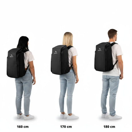 Størrelsesguide med ryggsekken på personer som er 160, 170 og 180 cm høye.